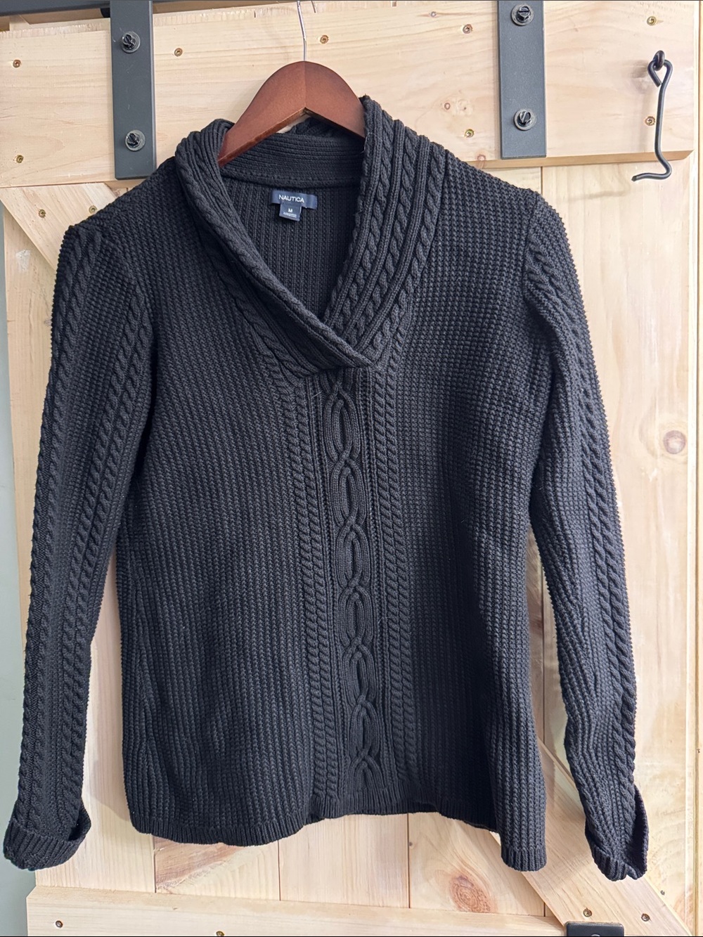 Nautica Black Cable-Knit Shawl Collar Sweater